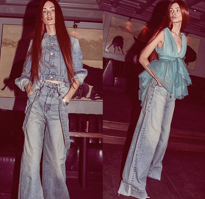 TRE by Natalie Ratabesi 2019 Spring Summer Womens Lookbook Presentation - Mode à Paris Fashion Week France - Crop Top Midriff Suspenders Wide Leg Denim Jeans Jacket Sheer Tulle Dress Onesie Jumspuit Boiler Suit Coveralls Zipper Metallic Foil Silver Stripes Dress Tie-Dye Goddess Gown Cinch Geometric Cut