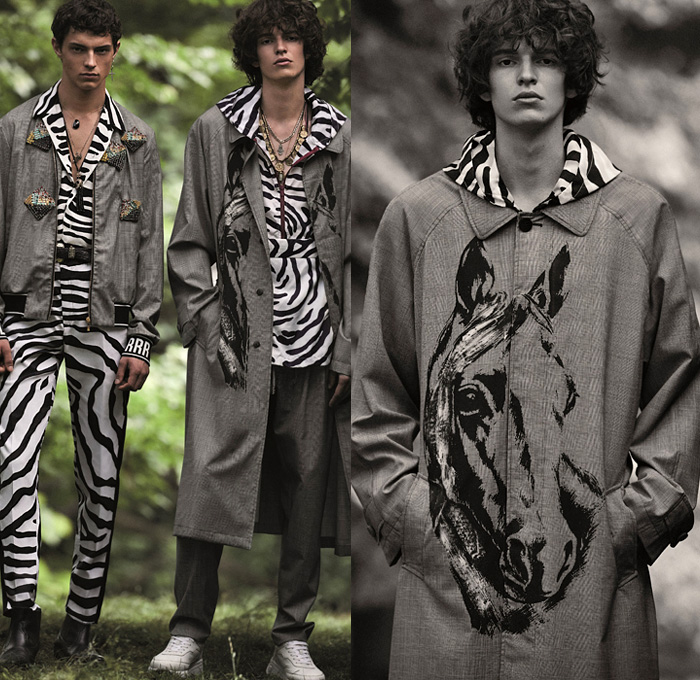 TRIPLE RRR by Robert Cavalli 2019 Spring Summer Mens Lookbook Presentation Milan Fashion Week Mens MFW Milano Moda Uomo - Silk Satin Velvet Devoré Animal Stripes Zebra Horses Clouds Family Pictures Photos Portraits Print Motif Herringbone Check Embroidery Bedazzled Sleepwear Pajamas Loungewear Trench Coat Bomber Jacket Suit Blazer Tapered Pants Trousers  Tuxedo Shirt Onesie Jumpsuit Coveralls Bib Brace Dungarees Knit Sweater Cardigan Jeans Necklace Beads Scarf Studded Belt Boots Trainers