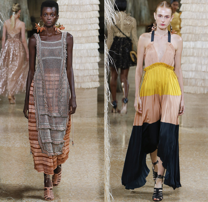 Ulla Johnson 2019 Spring Summer Womens Runway Catwalk Looks Collection New York Fashion Week NYFW - Bohemian Chic Tribal Ethnic Batik Beads Geometric Knit Mesh Crochet Swirls Handwoven Raffia Flowers Floral Stripes Sleeveless Crop Top Poufy Shoulders Cross Wrap Lace Cutwork Ruffles Fringes Sheer Chiffon Pleats Knot Tabard Jumpsuit Metallic Pinafore Maxi Dress Gown Wide Leg Palazzo Pants Handbag Tote