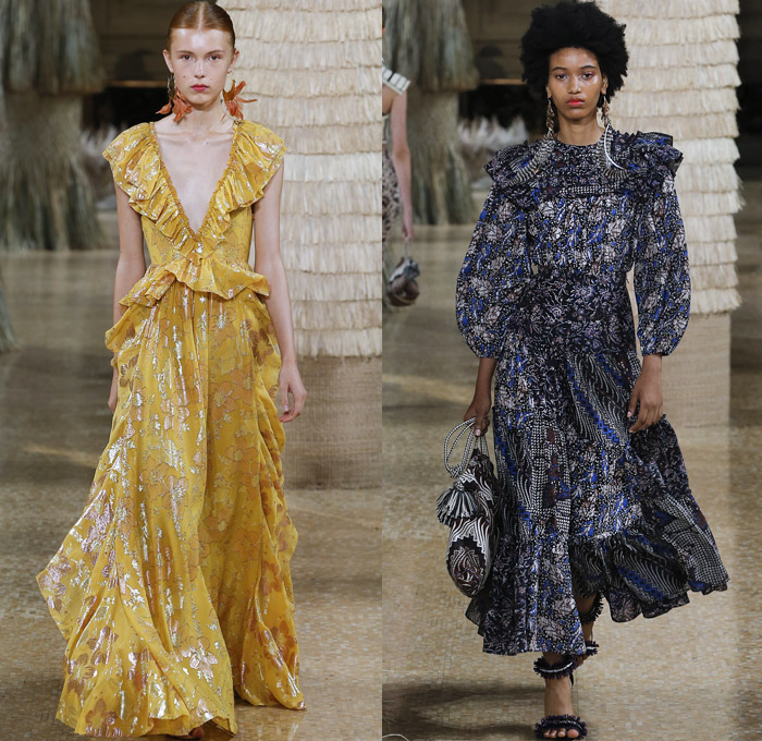 Ulla Johnson 2019 Spring Summer Womens Runway Catwalk Looks Collection New York Fashion Week NYFW - Bohemian Chic Tribal Ethnic Batik Beads Geometric Knit Mesh Crochet Swirls Handwoven Raffia Flowers Floral Stripes Sleeveless Crop Top Poufy Shoulders Cross Wrap Lace Cutwork Ruffles Fringes Sheer Chiffon Pleats Knot Tabard Jumpsuit Metallic Pinafore Maxi Dress Gown Wide Leg Palazzo Pants Handbag Tote