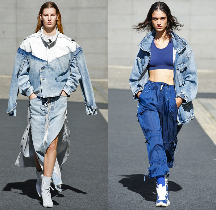 Unravel Project by Ben Taverniti 2019 Spring Summer Womens Runway Catwalk Looks Collection - Mode à Paris Fashion Week France - Deconstructed Hybrid Denim Jeans Outerwear Trench Coat Peacoat Tearaway Snap Buttons Skirt Trackwear Athleisure Sportswear Hoodie Sweatshirt Nylon Parka Anorak Parachute Pants Drawstring Cinch Crop Top Midriff Tied Knot Hanging Sleeve Pantsuit Double Closure Lace Up Split Half Bodycon Dress Sheer Leg Warmers Trainers Wrapped Boots