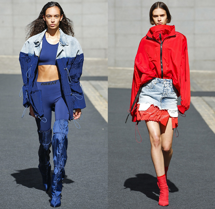 Unravel Project by Ben Taverniti 2019 Spring Summer Womens Runway Catwalk Looks Collection - Mode à Paris Fashion Week France - Deconstructed Hybrid Denim Jeans Outerwear Trench Coat Peacoat Tearaway Snap Buttons Skirt Trackwear Athleisure Sportswear Hoodie Sweatshirt Nylon Parka Anorak Parachute Pants Drawstring Cinch Crop Top Midriff Tied Knot Hanging Sleeve Pantsuit Double Closure Lace Up Split Half Bodycon Dress Sheer Leg Warmers Trainers Wrapped Boots