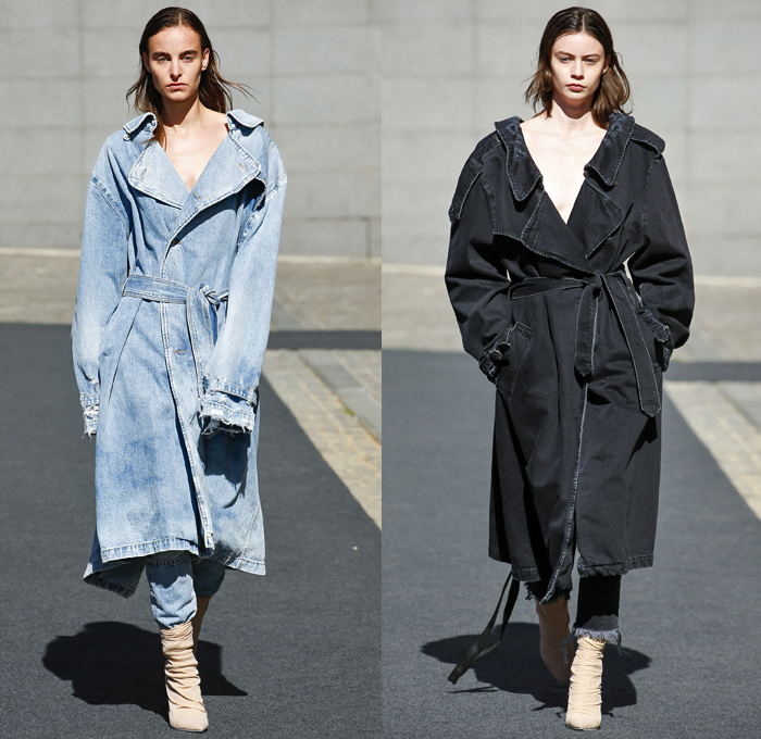 Unravel Project by Ben Taverniti 2019 Spring Summer Womens Runway Catwalk Looks Collection - Mode à Paris Fashion Week France - Deconstructed Hybrid Denim Jeans Outerwear Trench Coat Peacoat Tearaway Snap Buttons Skirt Trackwear Athleisure Sportswear Hoodie Sweatshirt Nylon Parka Anorak Parachute Pants Drawstring Cinch Crop Top Midriff Tied Knot Hanging Sleeve Pantsuit Double Closure Lace Up Split Half Bodycon Dress Sheer Leg Warmers Trainers Wrapped Boots