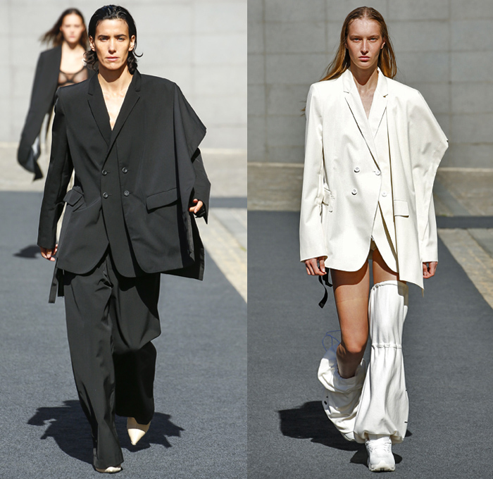 Unravel Project by Ben Taverniti 2019 Spring Summer Womens Runway Catwalk Looks Collection - Mode à Paris Fashion Week France - Deconstructed Hybrid Denim Jeans Outerwear Trench Coat Peacoat Tearaway Snap Buttons Skirt Trackwear Athleisure Sportswear Hoodie Sweatshirt Nylon Parka Anorak Parachute Pants Drawstring Cinch Crop Top Midriff Tied Knot Hanging Sleeve Pantsuit Double Closure Lace Up Split Half Bodycon Dress Sheer Leg Warmers Trainers Wrapped Boots