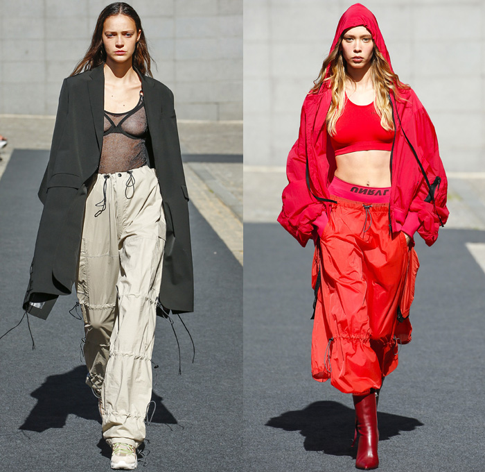 Unravel Project by Ben Taverniti 2019 Spring Summer Womens Runway Catwalk Looks Collection - Mode à Paris Fashion Week France - Deconstructed Hybrid Denim Jeans Outerwear Trench Coat Peacoat Tearaway Snap Buttons Skirt Trackwear Athleisure Sportswear Hoodie Sweatshirt Nylon Parka Anorak Parachute Pants Drawstring Cinch Crop Top Midriff Tied Knot Hanging Sleeve Pantsuit Double Closure Lace Up Split Half Bodycon Dress Sheer Leg Warmers Trainers Wrapped Boots