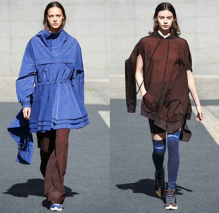 Unravel Project by Ben Taverniti 2019 Spring Summer Womens Runway Catwalk Looks Collection - Mode à Paris Fashion Week France - Deconstructed Hybrid Denim Jeans Outerwear Trench Coat Peacoat Tearaway Snap Buttons Skirt Trackwear Athleisure Sportswear Hoodie Sweatshirt Nylon Parka Anorak Parachute Pants Drawstring Cinch Crop Top Midriff Tied Knot Hanging Sleeve Pantsuit Double Closure Lace Up Split Half Bodycon Dress Sheer Leg Warmers Trainers Wrapped Boots