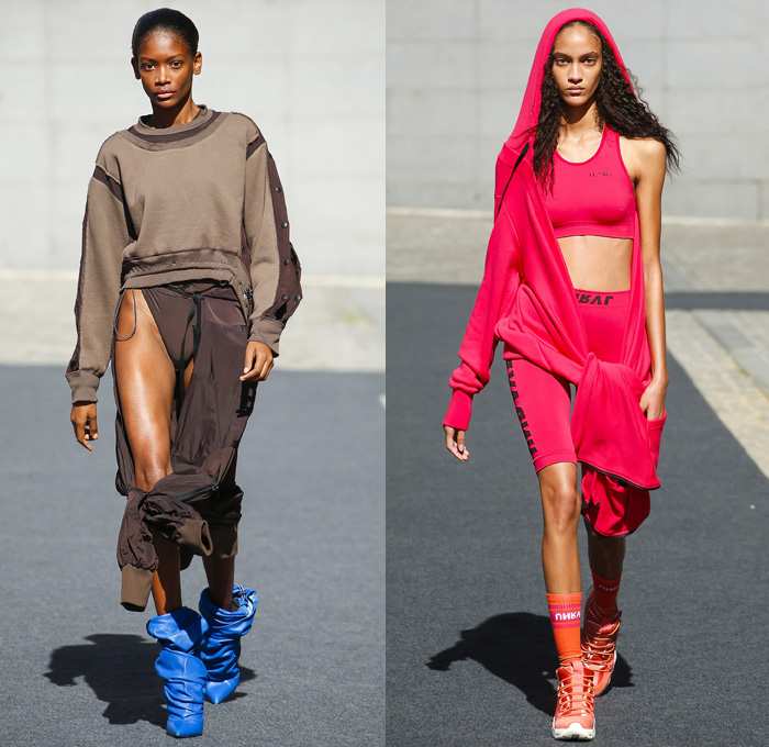 Unravel Project by Ben Taverniti 2019 Spring Summer Womens Runway Catwalk Looks Collection - Mode à Paris Fashion Week France - Deconstructed Hybrid Denim Jeans Outerwear Trench Coat Peacoat Tearaway Snap Buttons Skirt Trackwear Athleisure Sportswear Hoodie Sweatshirt Nylon Parka Anorak Parachute Pants Drawstring Cinch Crop Top Midriff Tied Knot Hanging Sleeve Pantsuit Double Closure Lace Up Split Half Bodycon Dress Sheer Leg Warmers Trainers Wrapped Boots