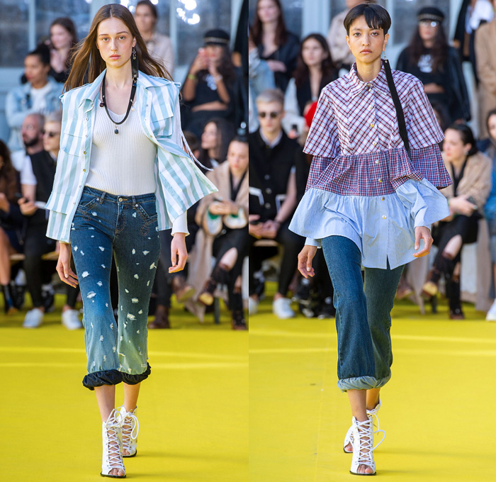 Victoria/Tomas 2019 Spring Summer Womens Runway Catwalk Looks Collection - Mode à Paris Fashion Week France - Frayed Raw Hem Destroyed Denim Jeans Deconstructed Hybrid Parasol Stripes Tassels Cutoffs Shorts Fringes Long Sleeve Blouse Swirly Collar Patchwork Plaid Check Tiered Bell Sleeves Cargo Utility Pockets Leather Knit Crochet Sweater Culottes Shirtdress Athleisure Sporty Cinch Ruffles Gladiator Sandals Fanny Pack Waist Pouch Belt Bum Bag Bucket Handbag