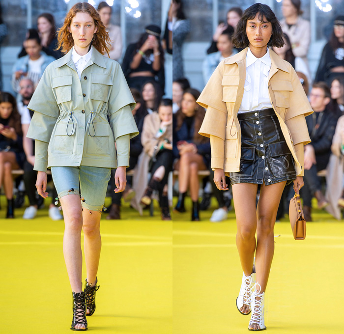 Victoria/Tomas 2019 Spring Summer Womens Runway Catwalk Looks Collection - Mode à Paris Fashion Week France - Frayed Raw Hem Destroyed Denim Jeans Deconstructed Hybrid Parasol Stripes Tassels Cutoffs Shorts Fringes Long Sleeve Blouse Swirly Collar Patchwork Plaid Check Tiered Bell Sleeves Cargo Utility Pockets Leather Knit Crochet Sweater Culottes Shirtdress Athleisure Sporty Cinch Ruffles Gladiator Sandals Fanny Pack Waist Pouch Belt Bum Bag Bucket Handbag