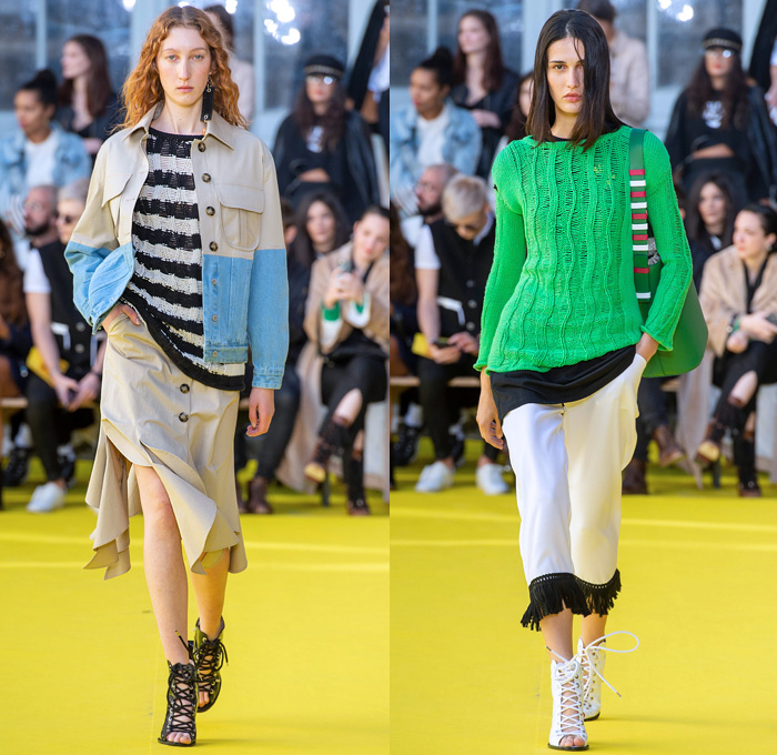 Victoria/Tomas 2019 Spring Summer Womens Runway Catwalk Looks Collection - Mode à Paris Fashion Week France - Frayed Raw Hem Destroyed Denim Jeans Deconstructed Hybrid Parasol Stripes Tassels Cutoffs Shorts Fringes Long Sleeve Blouse Swirly Collar Patchwork Plaid Check Tiered Bell Sleeves Cargo Utility Pockets Leather Knit Crochet Sweater Culottes Shirtdress Athleisure Sporty Cinch Ruffles Gladiator Sandals Fanny Pack Waist Pouch Belt Bum Bag Bucket Handbag