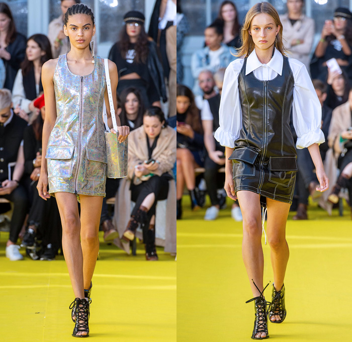 Victoria/Tomas 2019 Spring Summer Womens Runway Catwalk Looks Collection - Mode à Paris Fashion Week France - Frayed Raw Hem Destroyed Denim Jeans Deconstructed Hybrid Parasol Stripes Tassels Cutoffs Shorts Fringes Long Sleeve Blouse Swirly Collar Patchwork Plaid Check Tiered Bell Sleeves Cargo Utility Pockets Leather Knit Crochet Sweater Culottes Shirtdress Athleisure Sporty Cinch Ruffles Gladiator Sandals Fanny Pack Waist Pouch Belt Bum Bag Bucket Handbag