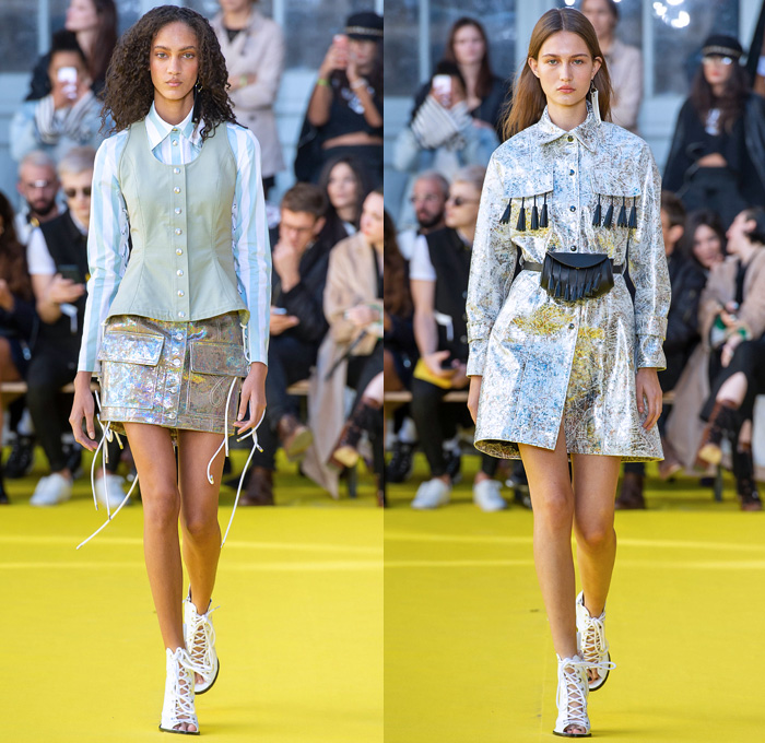 Victoria/Tomas 2019 Spring Summer Womens Runway Catwalk Looks Collection - Mode à Paris Fashion Week France - Frayed Raw Hem Destroyed Denim Jeans Deconstructed Hybrid Parasol Stripes Tassels Cutoffs Shorts Fringes Long Sleeve Blouse Swirly Collar Patchwork Plaid Check Tiered Bell Sleeves Cargo Utility Pockets Leather Knit Crochet Sweater Culottes Shirtdress Athleisure Sporty Cinch Ruffles Gladiator Sandals Fanny Pack Waist Pouch Belt Bum Bag Bucket Handbag