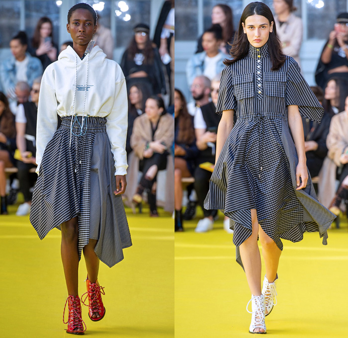 Victoria/Tomas 2019 Spring Summer Womens Runway Catwalk Looks Collection - Mode à Paris Fashion Week France - Frayed Raw Hem Destroyed Denim Jeans Deconstructed Hybrid Parasol Stripes Tassels Cutoffs Shorts Fringes Long Sleeve Blouse Swirly Collar Patchwork Plaid Check Tiered Bell Sleeves Cargo Utility Pockets Leather Knit Crochet Sweater Culottes Shirtdress Athleisure Sporty Cinch Ruffles Gladiator Sandals Fanny Pack Waist Pouch Belt Bum Bag Bucket Handbag