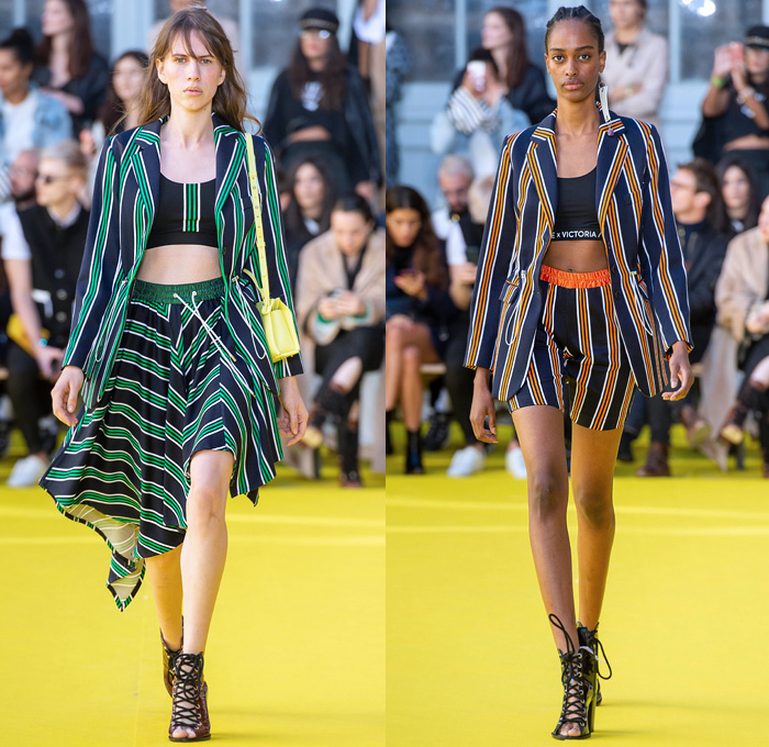 Victoria/Tomas 2019 Spring Summer Womens Runway Catwalk Looks Collection - Mode à Paris Fashion Week France - Frayed Raw Hem Destroyed Denim Jeans Deconstructed Hybrid Parasol Stripes Tassels Cutoffs Shorts Fringes Long Sleeve Blouse Swirly Collar Patchwork Plaid Check Tiered Bell Sleeves Cargo Utility Pockets Leather Knit Crochet Sweater Culottes Shirtdress Athleisure Sporty Cinch Ruffles Gladiator Sandals Fanny Pack Waist Pouch Belt Bum Bag Bucket Handbag