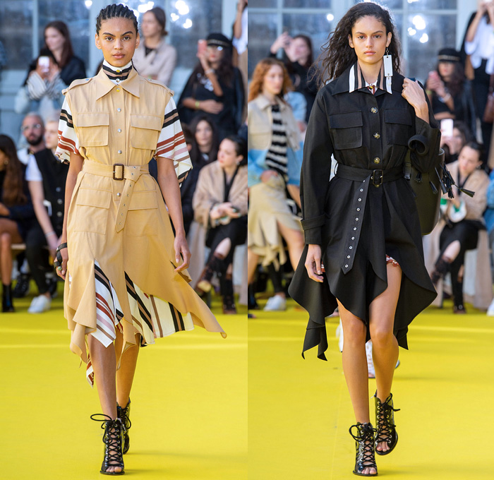 Victoria/Tomas 2019 Spring Summer Womens Runway Catwalk Looks Collection - Mode à Paris Fashion Week France - Frayed Raw Hem Destroyed Denim Jeans Deconstructed Hybrid Parasol Stripes Tassels Cutoffs Shorts Fringes Long Sleeve Blouse Swirly Collar Patchwork Plaid Check Tiered Bell Sleeves Cargo Utility Pockets Leather Knit Crochet Sweater Culottes Shirtdress Athleisure Sporty Cinch Ruffles Gladiator Sandals Fanny Pack Waist Pouch Belt Bum Bag Bucket Handbag