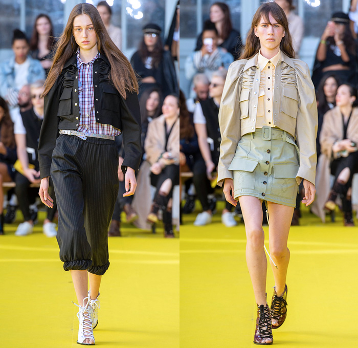 Victoria/Tomas 2019 Spring Summer Womens Runway Catwalk Looks Collection - Mode à Paris Fashion Week France - Frayed Raw Hem Destroyed Denim Jeans Deconstructed Hybrid Parasol Stripes Tassels Cutoffs Shorts Fringes Long Sleeve Blouse Swirly Collar Patchwork Plaid Check Tiered Bell Sleeves Cargo Utility Pockets Leather Knit Crochet Sweater Culottes Shirtdress Athleisure Sporty Cinch Ruffles Gladiator Sandals Fanny Pack Waist Pouch Belt Bum Bag Bucket Handbag