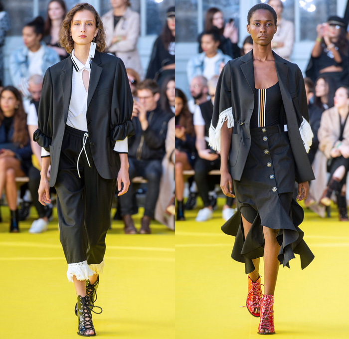 Victoria/Tomas 2019 Spring Summer Womens Runway Catwalk Looks Collection - Mode à Paris Fashion Week France - Frayed Raw Hem Destroyed Denim Jeans Deconstructed Hybrid Parasol Stripes Tassels Cutoffs Shorts Fringes Long Sleeve Blouse Swirly Collar Patchwork Plaid Check Tiered Bell Sleeves Cargo Utility Pockets Leather Knit Crochet Sweater Culottes Shirtdress Athleisure Sporty Cinch Ruffles Gladiator Sandals Fanny Pack Waist Pouch Belt Bum Bag Bucket Handbag