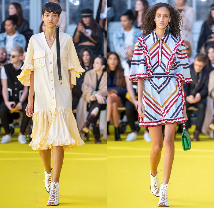 Victoria/Tomas 2019 Spring Summer Womens Runway Catwalk Looks Collection - Mode à Paris Fashion Week France - Frayed Raw Hem Destroyed Denim Jeans Deconstructed Hybrid Parasol Stripes Tassels Cutoffs Shorts Fringes Long Sleeve Blouse Swirly Collar Patchwork Plaid Check Tiered Bell Sleeves Cargo Utility Pockets Leather Knit Crochet Sweater Culottes Shirtdress Athleisure Sporty Cinch Ruffles Gladiator Sandals Fanny Pack Waist Pouch Belt Bum Bag Bucket Handbag