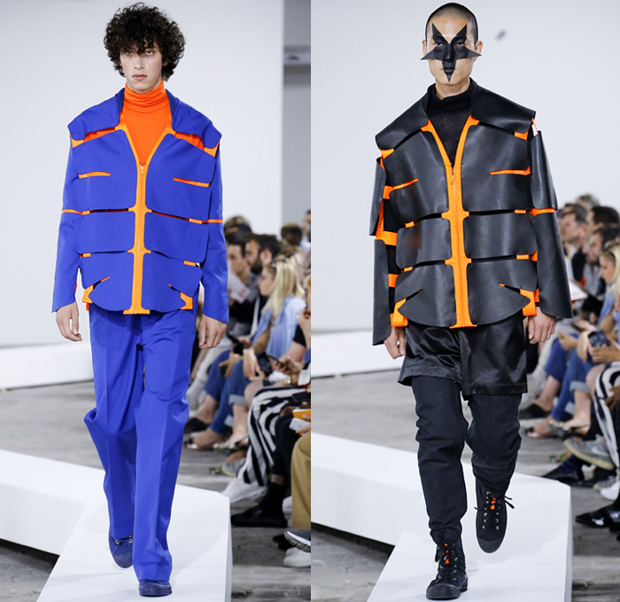 Walter Van Beirendonck 2019 Spring Summer Mens Runway Catwalk Looks Collection Paris Fashion Week Homme France FHCM - Wild Is The Wind Skeleton Rib Cage Bones Grosgrain Straps Patches Panels Zippers Colorblock Plaid Check Herringbone Neon Satin Stripes Flying Goose Donkey Parka Trench Coat Suit Bomber Jacket Rainwear Plastic Hoodie Anorak Turtleneck Long Shirt Wide Leg Pants Shorts W Double Peace Sign Baseball Cap Sneakers Bug Eye Sunglasses Clogs Feathers Tags Striped Socks Thigh High Boots