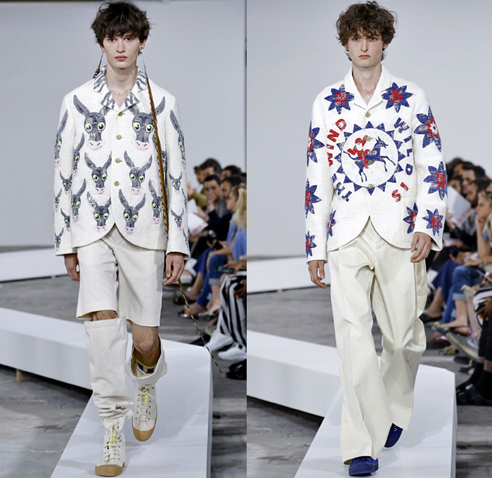 Walter Van Beirendonck 2019 Spring Summer Mens Runway Catwalk Looks Collection Paris Fashion Week Homme France FHCM - Wild Is The Wind Skeleton Rib Cage Bones Grosgrain Straps Patches Panels Zippers Colorblock Plaid Check Herringbone Neon Satin Stripes Flying Goose Donkey Parka Trench Coat Suit Bomber Jacket Rainwear Plastic Hoodie Anorak Turtleneck Long Shirt Wide Leg Pants Shorts W Double Peace Sign Baseball Cap Sneakers Bug Eye Sunglasses Clogs Feathers Tags Striped Socks Thigh High Boots