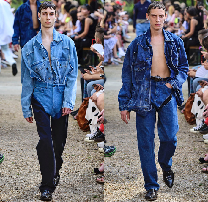 Y/PROJECT 2019 Spring Summer Mens Runway Catwalk Looks Collection Paris Fashion Week Homme France FHCM - Oversized Draped Overleaf Lycra Nylon Deconstructed Hybrid Extra Panels Check Gingham Argyle Stripes Drawstring Paper Cutout Hem Paisley Sheer Chiffon Velvet Mesh Fishnet Threads Colorblock PVC Vinyl Denim Jeans Superhero Brief Bottoms Fins Slashed Double Lapel Irregular Waistband Poncho Trench Coat Parka Anorak Motorcycle Biker Wrapped Jacket Blazervest Sweatershirt Hood Wingtip Brogues