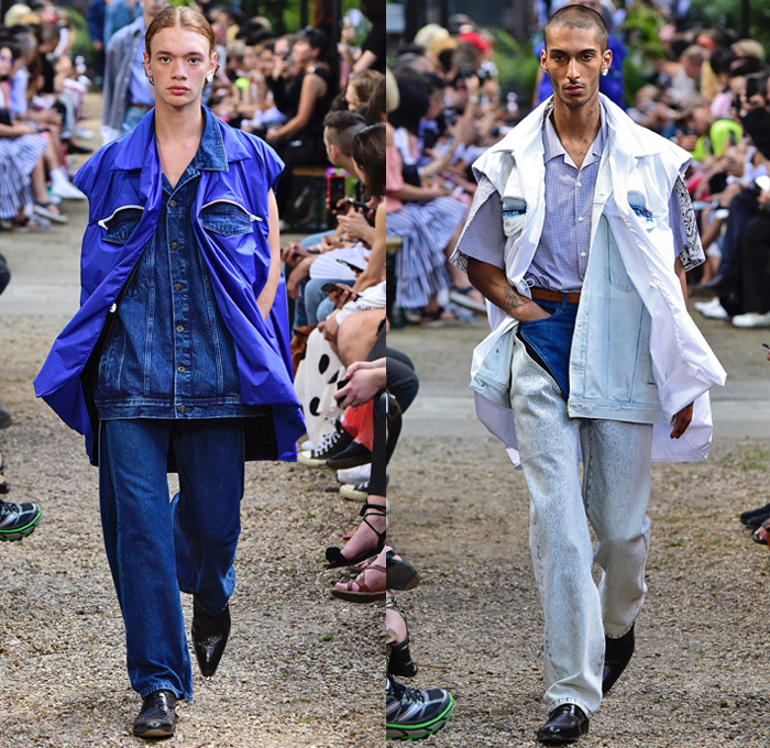 Y/PROJECT 2019 Spring Summer Mens Runway Catwalk Looks Collection Paris Fashion Week Homme France FHCM - Oversized Draped Overleaf Lycra Nylon Deconstructed Hybrid Extra Panels Check Gingham Argyle Stripes Drawstring Paper Cutout Hem Paisley Sheer Chiffon Velvet Mesh Fishnet Threads Colorblock PVC Vinyl Denim Jeans Superhero Brief Bottoms Fins Slashed Double Lapel Irregular Waistband Poncho Trench Coat Parka Anorak Motorcycle Biker Wrapped Jacket Blazervest Sweatershirt Hood Wingtip Brogues