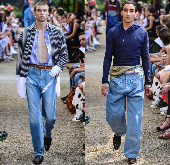 Y/PROJECT 2019 Spring Summer Mens Runway Catwalk Looks Collection Paris Fashion Week Homme France FHCM - Oversized Draped Overleaf Lycra Nylon Deconstructed Hybrid Extra Panels Check Gingham Argyle Stripes Drawstring Paper Cutout Hem Paisley Sheer Chiffon Velvet Mesh Fishnet Threads Colorblock PVC Vinyl Denim Jeans Superhero Brief Bottoms Fins Slashed Double Lapel Irregular Waistband Poncho Trench Coat Parka Anorak Motorcycle Biker Wrapped Jacket Blazervest Sweatershirt Hood Wingtip Brogues