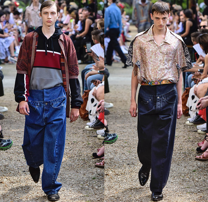 Y/PROJECT 2019 Spring Summer Mens Runway Catwalk Looks Collection Paris Fashion Week Homme France FHCM - Oversized Draped Overleaf Lycra Nylon Deconstructed Hybrid Extra Panels Check Gingham Argyle Stripes Drawstring Paper Cutout Hem Paisley Sheer Chiffon Velvet Mesh Fishnet Threads Colorblock PVC Vinyl Denim Jeans Superhero Brief Bottoms Fins Slashed Double Lapel Irregular Waistband Poncho Trench Coat Parka Anorak Motorcycle Biker Wrapped Jacket Blazervest Sweatershirt Hood Wingtip Brogues