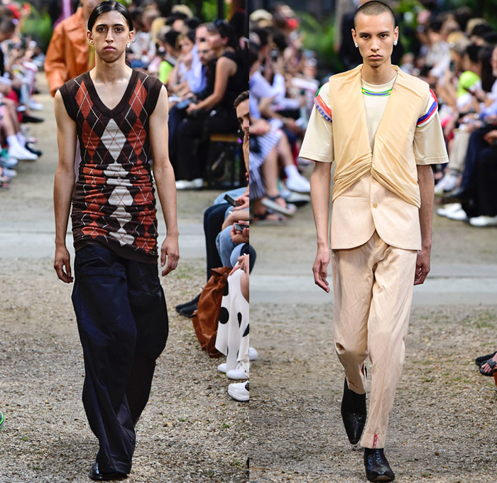 Y/PROJECT 2019 Spring Summer Mens Runway Catwalk Looks Collection Paris Fashion Week Homme France FHCM - Oversized Draped Overleaf Lycra Nylon Deconstructed Hybrid Extra Panels Check Gingham Argyle Stripes Drawstring Paper Cutout Hem Paisley Sheer Chiffon Velvet Mesh Fishnet Threads Colorblock PVC Vinyl Denim Jeans Superhero Brief Bottoms Fins Slashed Double Lapel Irregular Waistband Poncho Trench Coat Parka Anorak Motorcycle Biker Wrapped Jacket Blazervest Sweatershirt Hood Wingtip Brogues