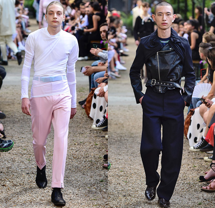 Y/PROJECT 2019 Spring Summer Mens Runway Catwalk Looks Collection Paris Fashion Week Homme France FHCM - Oversized Draped Overleaf Lycra Nylon Deconstructed Hybrid Extra Panels Check Gingham Argyle Stripes Drawstring Paper Cutout Hem Paisley Sheer Chiffon Velvet Mesh Fishnet Threads Colorblock PVC Vinyl Denim Jeans Superhero Brief Bottoms Fins Slashed Double Lapel Irregular Waistband Poncho Trench Coat Parka Anorak Motorcycle Biker Wrapped Jacket Blazervest Sweatershirt Hood Wingtip Brogues