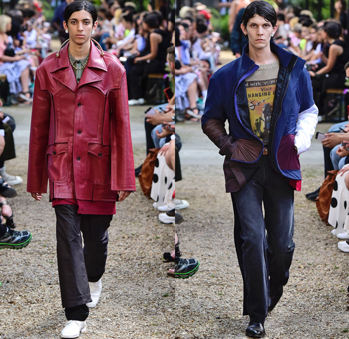 Y/PROJECT 2019 Spring Summer Mens Runway Catwalk Looks Collection Paris Fashion Week Homme France FHCM - Oversized Draped Overleaf Lycra Nylon Deconstructed Hybrid Extra Panels Check Gingham Argyle Stripes Drawstring Paper Cutout Hem Paisley Sheer Chiffon Velvet Mesh Fishnet Threads Colorblock PVC Vinyl Denim Jeans Superhero Brief Bottoms Fins Slashed Double Lapel Irregular Waistband Poncho Trench Coat Parka Anorak Motorcycle Biker Wrapped Jacket Blazervest Sweatershirt Hood Wingtip Brogues