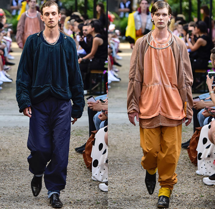 Y/PROJECT 2019 Spring Summer Mens Runway Catwalk Looks Collection Paris Fashion Week Homme France FHCM - Oversized Draped Overleaf Lycra Nylon Deconstructed Hybrid Extra Panels Check Gingham Argyle Stripes Drawstring Paper Cutout Hem Paisley Sheer Chiffon Velvet Mesh Fishnet Threads Colorblock PVC Vinyl Denim Jeans Superhero Brief Bottoms Fins Slashed Double Lapel Irregular Waistband Poncho Trench Coat Parka Anorak Motorcycle Biker Wrapped Jacket Blazervest Sweatershirt Hood Wingtip Brogues