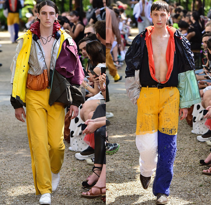 Y/PROJECT 2019 Spring Summer Mens Runway Catwalk Looks Collection Paris Fashion Week Homme France FHCM - Oversized Draped Overleaf Lycra Nylon Deconstructed Hybrid Extra Panels Check Gingham Argyle Stripes Drawstring Paper Cutout Hem Paisley Sheer Chiffon Velvet Mesh Fishnet Threads Colorblock PVC Vinyl Denim Jeans Superhero Brief Bottoms Fins Slashed Double Lapel Irregular Waistband Poncho Trench Coat Parka Anorak Motorcycle Biker Wrapped Jacket Blazervest Sweatershirt Hood Wingtip Brogues