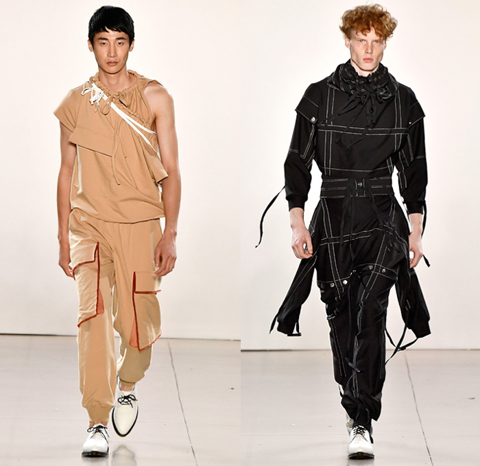 Yajun Melody Lin 2019 Spring Summer Mens Runway Catwalk Looks Collection - New York Fashion Week NYFW - Asymmetrical Drawstring Cinch Cargo Utility Pockets Pants Funnel Neck Check Snap Buttons Tearaway Strings