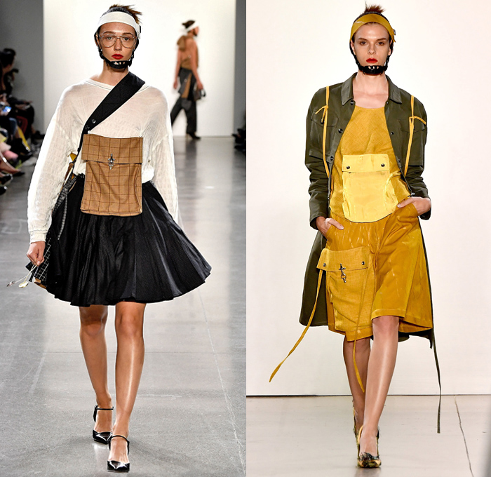 Yajun Melody Lin 2019 Spring Summer Womens Runway Catwalk Looks Collection - New York Fashion Week NYFW - Utility Pockets Headband Helmet Straps Sweater Onesie Shirtdress Strings Strapless Elongated Sleeves Upside Down Hem Sheer Tulle Check Plaid Corset Vest Nylon Shearling Bandeau Hoodie Dress Poodle Skirt Cargo Shorts