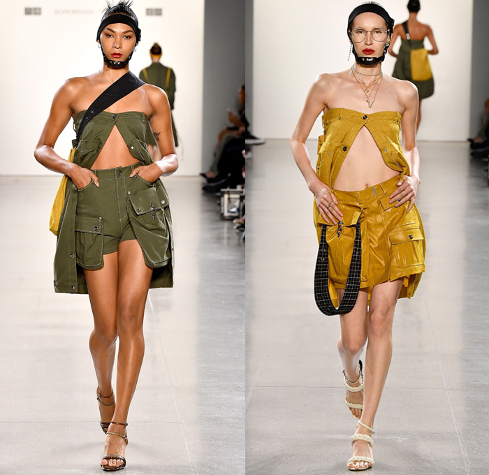 Yajun Melody Lin 2019 Spring Summer Womens Runway Catwalk Looks Collection - New York Fashion Week NYFW - Utility Pockets Headband Helmet Straps Sweater Onesie Shirtdress Strings Strapless Elongated Sleeves Upside Down Hem Sheer Tulle Check Plaid Corset Vest Nylon Shearling Bandeau Hoodie Dress Poodle Skirt Cargo Shorts