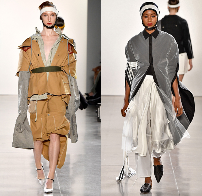 Yajun Melody Lin 2019 Spring Summer Womens Runway Catwalk Looks Collection - New York Fashion Week NYFW - Utility Pockets Headband Helmet Straps Sweater Onesie Shirtdress Strings Strapless Elongated Sleeves Upside Down Hem Sheer Tulle Check Plaid Corset Vest Nylon Shearling Bandeau Hoodie Dress Poodle Skirt Cargo Shorts