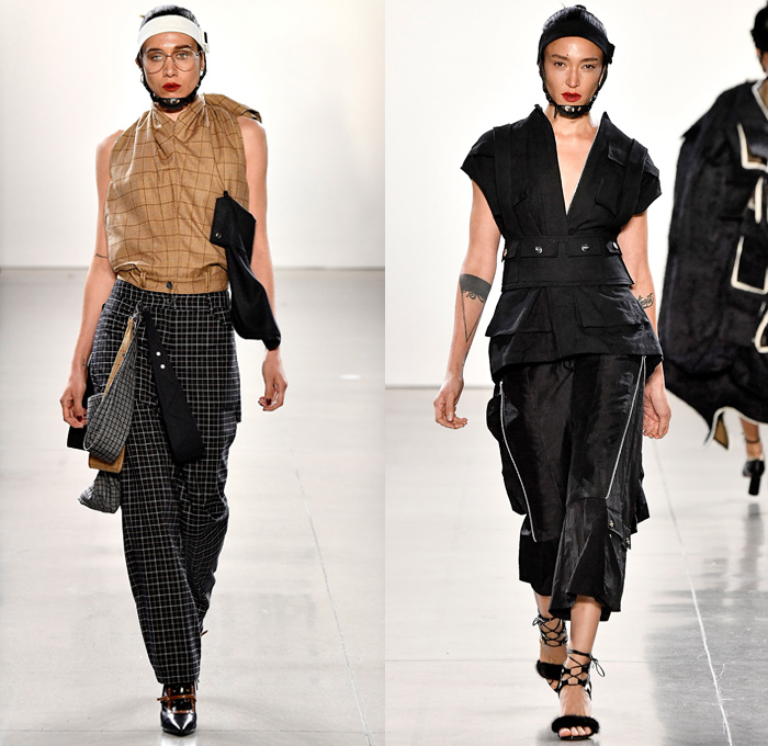 Yajun Melody Lin 2019 Spring Summer Womens Runway Catwalk Looks Collection - New York Fashion Week NYFW - Utility Pockets Headband Helmet Straps Sweater Onesie Shirtdress Strings Strapless Elongated Sleeves Upside Down Hem Sheer Tulle Check Plaid Corset Vest Nylon Shearling Bandeau Hoodie Dress Poodle Skirt Cargo Shorts