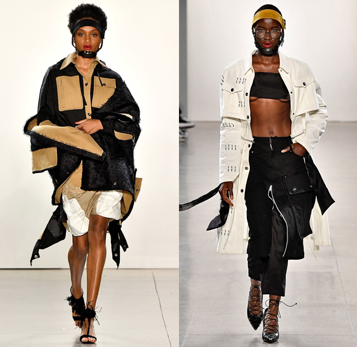 Yajun Melody Lin 2019 Spring Summer Womens Runway Catwalk Looks Collection - New York Fashion Week NYFW - Utility Pockets Headband Helmet Straps Sweater Onesie Shirtdress Strings Strapless Elongated Sleeves Upside Down Hem Sheer Tulle Check Plaid Corset Vest Nylon Shearling Bandeau Hoodie Dress Poodle Skirt Cargo Shorts