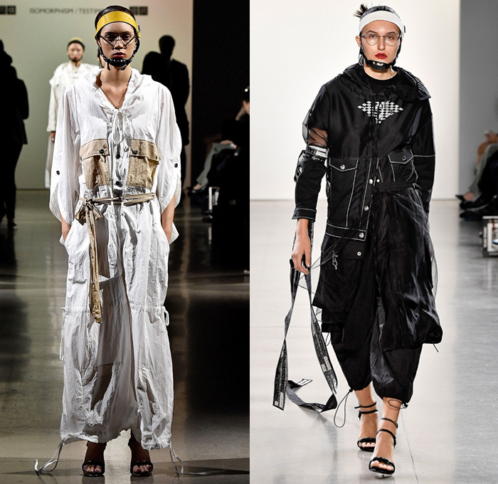 Yajun Melody Lin 2019 Spring Summer Womens Runway Catwalk Looks Collection - New York Fashion Week NYFW - Utility Pockets Headband Helmet Straps Sweater Onesie Shirtdress Strings Strapless Elongated Sleeves Upside Down Hem Sheer Tulle Check Plaid Corset Vest Nylon Shearling Bandeau Hoodie Dress Poodle Skirt Cargo Shorts