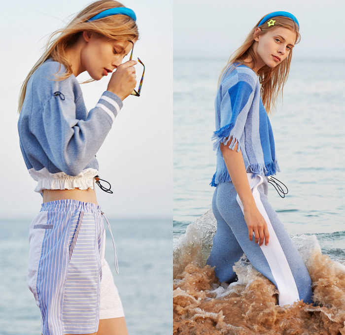 Zoë Jordan 2019 Spring Summer Womens Lookbook Presentation New York Fashion Week NYFW -  Beach Athleisure Headband Bucket Hat Tie Dye Knit Sweater Drawstring Sweatshirt Fringes Jogger Stripes Shorts Wide Leg Palazzo Pants Picnic Check Mesh Lace Up Swimwear Noodle Strap Dress Onesie Shirtdress