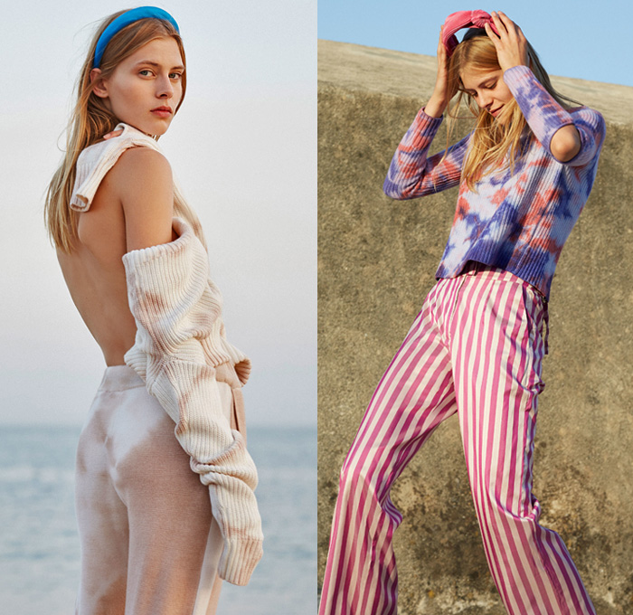 Zoë Jordan 2019 Spring Summer Womens Lookbook Presentation New York Fashion Week NYFW -  Beach Athleisure Headband Bucket Hat Tie Dye Knit Sweater Drawstring Sweatshirt Fringes Jogger Stripes Shorts Wide Leg Palazzo Pants Picnic Check Mesh Lace Up Swimwear Noodle Strap Dress Onesie Shirtdress