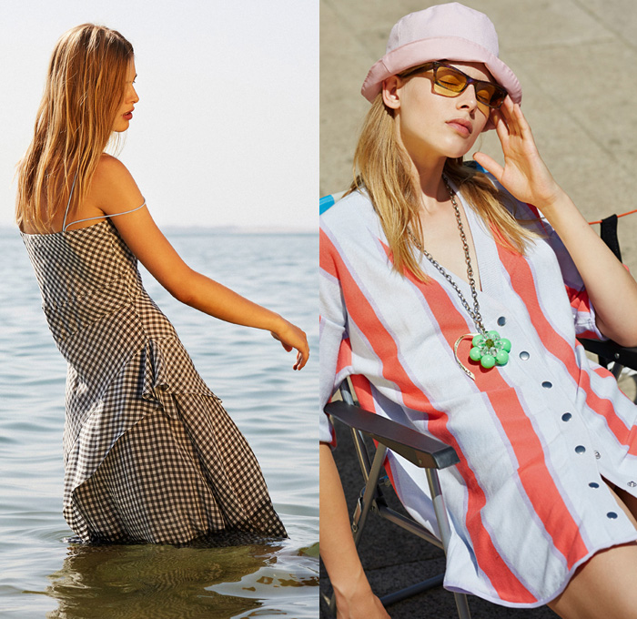 Zoë Jordan 2019 Spring Summer Womens Lookbook Presentation New York Fashion Week NYFW -  Beach Athleisure Headband Bucket Hat Tie Dye Knit Sweater Drawstring Sweatshirt Fringes Jogger Stripes Shorts Wide Leg Palazzo Pants Picnic Check Mesh Lace Up Swimwear Noodle Strap Dress Onesie Shirtdress