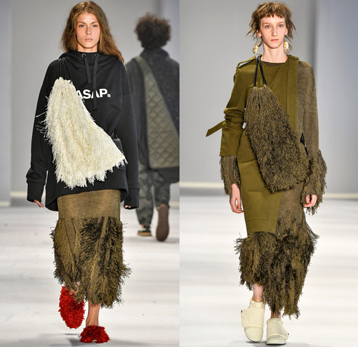 Osklen 2019 Summer Verão Womens Runway Catwalk Looks São Paulo Fashion Week Brasil - ASAP Eco-Friendly Lettering Fur Fringes Straps Belts Cinch Cutout Quilted Puffer Padded Shirt Drawstring Fishscales Mesh Crochet Weave Cargo Pockets Silk Satin Harness Nylon Sweatshirt Knit Sweaterdress Cardigan Shawl Blouse Tunic Rainwear Nylon Plastic Anorak Turtleneck Wide Leg Palazzo Pants Culottes Gauchos Tiered Skirt Dress Sling Pack Purse Handbag Lanyard Neck Pouch Sunglasses Furry Shoes Sneakers