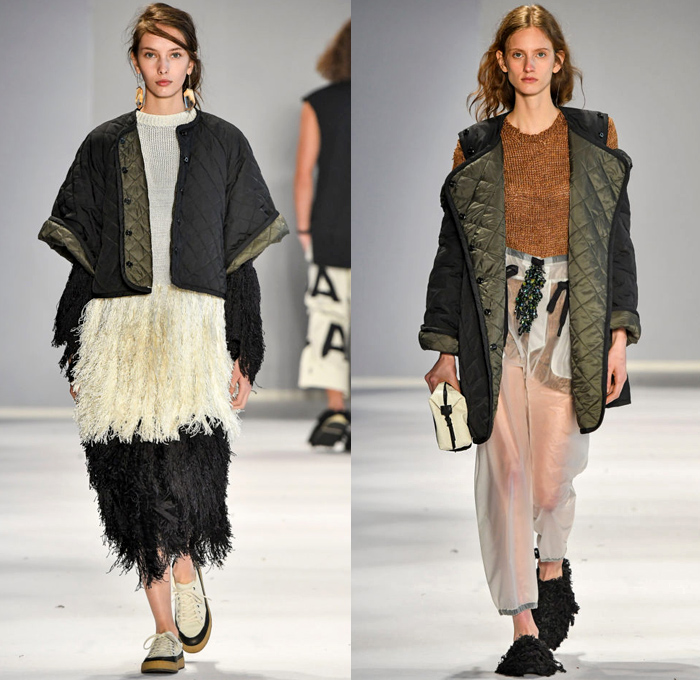 Osklen 2019 Summer Verão Womens Runway Catwalk Looks São Paulo Fashion Week Brasil - ASAP Eco-Friendly Lettering Fur Fringes Straps Belts Cinch Cutout Quilted Puffer Padded Shirt Drawstring Fishscales Mesh Crochet Weave Cargo Pockets Silk Satin Harness Nylon Sweatshirt Knit Sweaterdress Cardigan Shawl Blouse Tunic Rainwear Nylon Plastic Anorak Turtleneck Wide Leg Palazzo Pants Culottes Gauchos Tiered Skirt Dress Sling Pack Purse Handbag Lanyard Neck Pouch Sunglasses Furry Shoes Sneakers