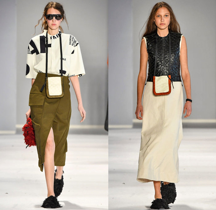 Osklen 2019 Summer Verão Womens Runway Catwalk Looks São Paulo Fashion Week Brasil - ASAP Eco-Friendly Lettering Fur Fringes Straps Belts Cinch Cutout Quilted Puffer Padded Shirt Drawstring Fishscales Mesh Crochet Weave Cargo Pockets Silk Satin Harness Nylon Sweatshirt Knit Sweaterdress Cardigan Shawl Blouse Tunic Rainwear Nylon Plastic Anorak Turtleneck Wide Leg Palazzo Pants Culottes Gauchos Tiered Skirt Dress Sling Pack Purse Handbag Lanyard Neck Pouch Sunglasses Furry Shoes Sneakers