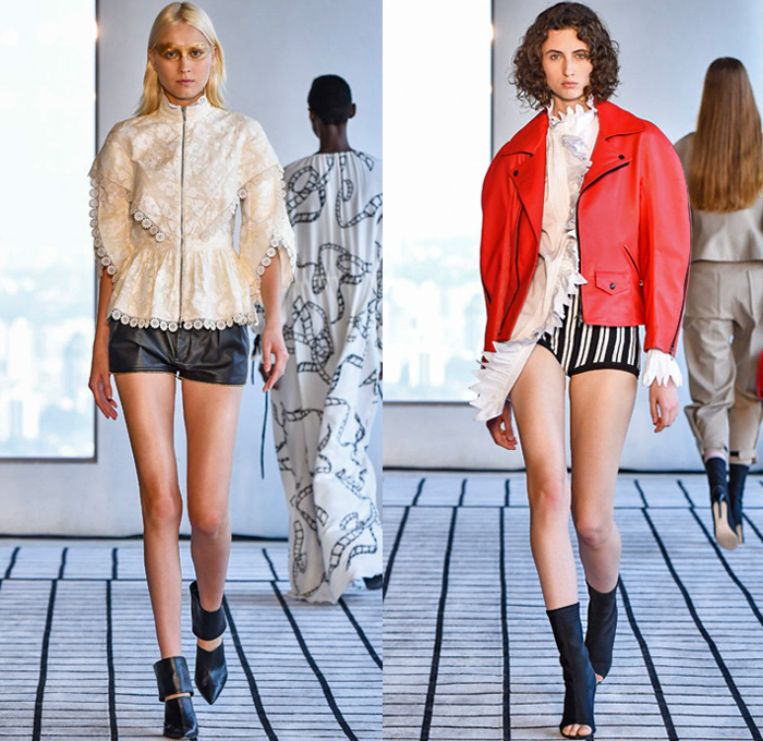 Reinaldo Lourenço 2019 Summer Verão Womens Runway Catwalk Looks São Paulo Fashion Week Brasil - Motorcycle Biker Leather Jacket Pantsuit Capelet Blouse Shirt Lace Jagged Edges Petal Hem Stripes Chevron Zigzag Plaid Tartan Check Windowpane Grid Asymmetrical Coated Shiny Waxed Sheer Chiffon Tulle Ruffles Film Roll Graphic Print Onesie Jumpsuit Coveralls Hotpants Cheerleader Shorts Wide Leg Zippers Maxi Dress Goddess Gown Eveningwear Caftan Open Toe Boots Make-up Kit Doctor's Handbag