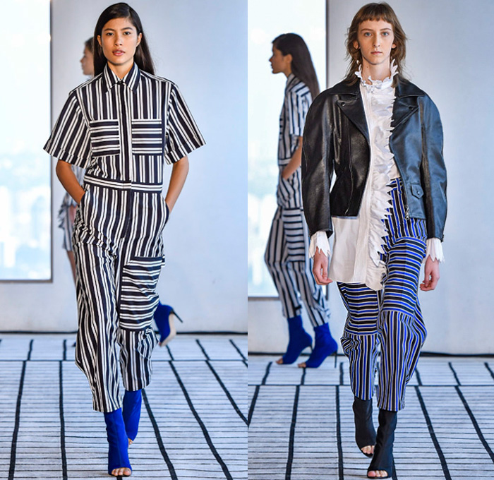 Reinaldo Lourenço 2019 Summer Verão Womens Runway Catwalk Looks São Paulo Fashion Week Brasil - Motorcycle Biker Leather Jacket Pantsuit Capelet Blouse Shirt Lace Jagged Edges Petal Hem Stripes Chevron Zigzag Plaid Tartan Check Windowpane Grid Asymmetrical Coated Shiny Waxed Sheer Chiffon Tulle Ruffles Film Roll Graphic Print Onesie Jumpsuit Coveralls Hotpants Cheerleader Shorts Wide Leg Zippers Maxi Dress Goddess Gown Eveningwear Caftan Open Toe Boots Make-up Kit Doctor's Handbag