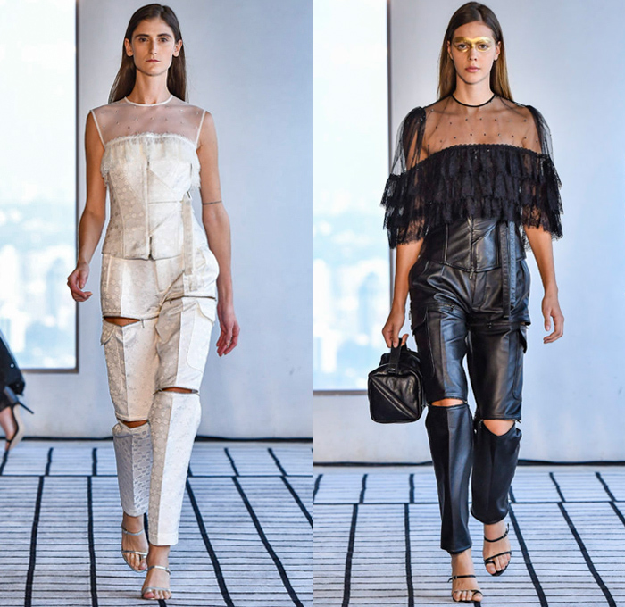 Reinaldo Lourenço 2019 Summer Verão Womens Runway Catwalk Looks São Paulo Fashion Week Brasil - Motorcycle Biker Leather Jacket Pantsuit Capelet Blouse Shirt Lace Jagged Edges Petal Hem Stripes Chevron Zigzag Plaid Tartan Check Windowpane Grid Asymmetrical Coated Shiny Waxed Sheer Chiffon Tulle Ruffles Film Roll Graphic Print Onesie Jumpsuit Coveralls Hotpants Cheerleader Shorts Wide Leg Zippers Maxi Dress Goddess Gown Eveningwear Caftan Open Toe Boots Make-up Kit Doctor's Handbag