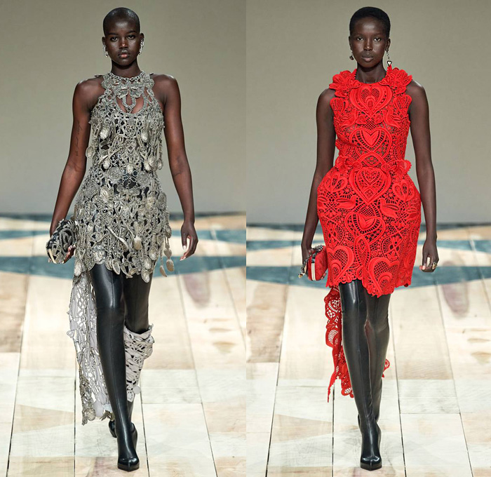 Alexander McQueen 2020-2021 Fall Autumn Winter Womens Runway Catwalk Looks Sarah Burton - Mode à Paris Fashion Week France - Welsh Folklore Tailor's Quilt Bedazzled Sequins Spoons Metallic Beads Ruffles Cording Embroidery Bodice Dress Patchwork Tailored Coat Silk Satin Sheer Tulle Blazer Pantsuit Mullet Hem Swallow's Tail Draped Heart Fil Coupé Animals Birds Jacquard 17th Century Love Letters Medieval Red Black Silver Gown Fins Wings Harness Lace Knit Thigh High Boots Handbag Tote 